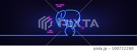 Neon light glow effect. Elephant on ball line icon. Circus sign. Amusement park show. 3d line neon glow icon. Brick wall banner. Elephant on ball outline. Vector 100722280