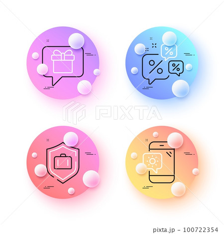 Discounts chat, Weather phone and Wish list minimal line icons. 3d spheres or balls buttons. Luggage protect icons. For web, application, printing. Sale bubbles, Travel device, Present box. Vector 100722354