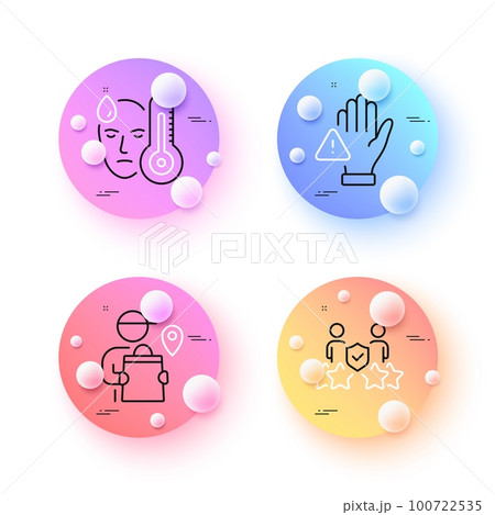 Dont touch, Delivery man and Fever minimal line icons. 3d spheres or balls buttons. Security agency icons. For web, application, printing. Clean hand, Courier location, High temperature. Vector 100722535