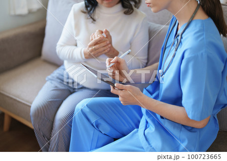 Portrait of a female doctor holding tablet computer to discuss and analyze the patient's condition before treating 100723665