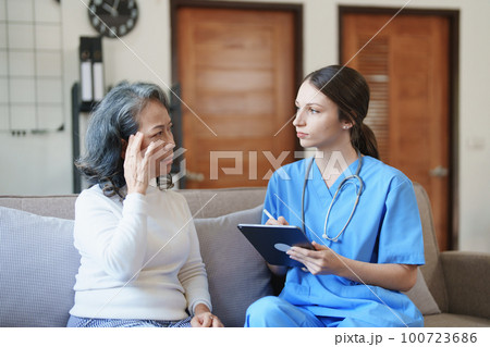 Portrait of a female doctor holding a tablet taking a note of a patient's symptoms to discuss and analyze a headache 100723686