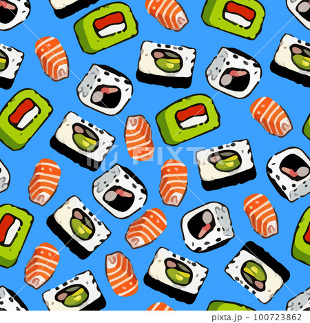 Vector pattern with cute Japanese sushi, shrimp and salmon in cartoon style. 100723862