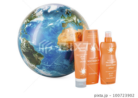 Sunscreen products with Earth Gobe, 3D rendering 100723902