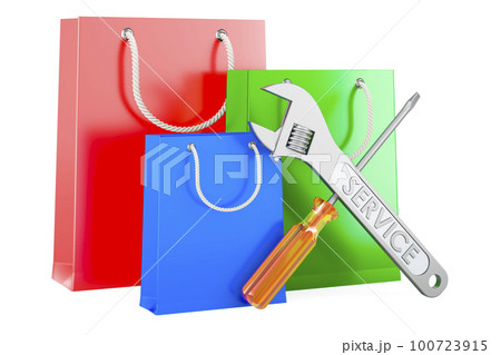 Shopping bags with screwdriver and wrench, 3D rendering 100723915