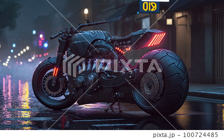 Futuristic bike in cyber city, sports cyberpunk - Stock