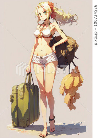 Anime girl walks on beach, young pretty woman on summer vacation, illustration, generative AI 100724526