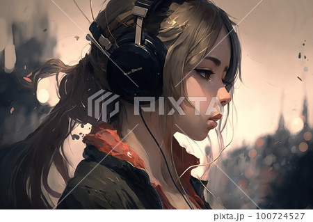 Anime girl with headphones listens music, portrait of teenager, illustration, generative AI. 100724527
