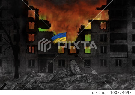 War in Ukraine, destroyed building and fire, game illustration, flag of ukraine on fire War in Ukraine, destroyed building and fire, game illustration, flag of ukraine on fire 100724697