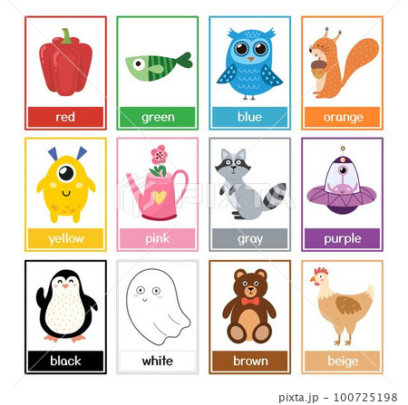 Color flashcards collection with cute animals. Color names and pictures set for preschool Color flashcards collection with cute animals. Color names and pictures set for preschool 100725198