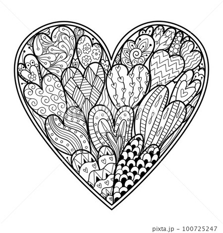 Doodle heart coloring page. Black and white Valentines Day pattern 100725247
