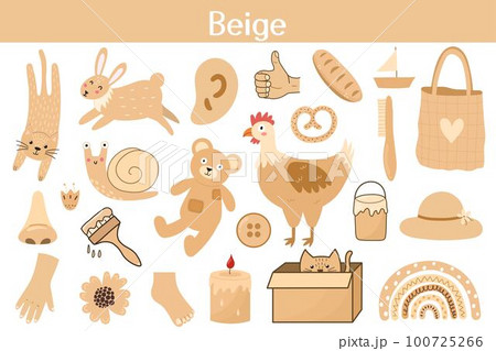 Beige color objects set. Learning colors for kids. Cute elements collection Beige color objects set. Learning colors for kids. Cute elements collection 100725266