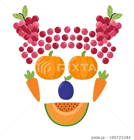 Cute fruit and vegetable face. Funny healthy head with pumpkin instead of eyes Cute fruit and vegetable face. Funny healthy head with pumpkin instead of eyes 100725284