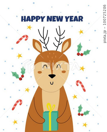 Happy New Year greeting card with a cute reindeer carrying Christmas gift Happy New Year greeting card with a cute reindeer carrying Christmas gift 100725286