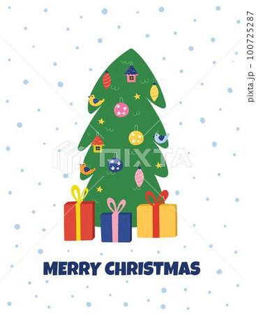 Merry Christmas greeting card with a cute Christmas tree and gifts 100725287