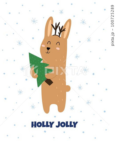 Holly Jolly greeting card with a cute rabbit carrying Christmas tree Holly Jolly greeting card with a cute rabbit carrying Christmas tree 100725289