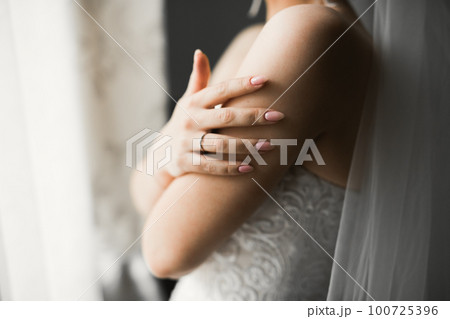 Beautiful bride wearing fashion wedding dress with feathers with luxury delight make-up and hairstyle, studio indoor photo shoot 100725396