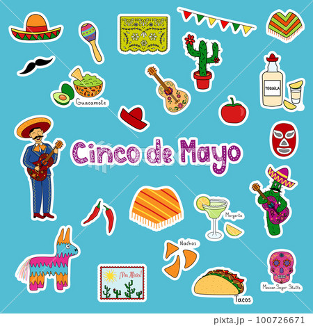 Cinco de Mayo sticker set, festive graphics ideal for Mexican themed parties, vector illustration Cinco de Mayo sticker set, festive graphics ideal for Mexican themed parties, vector illustration 100726671