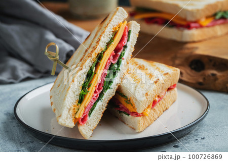 Two homemade sandwiches with sausage, cheese and arugula on a light concrete background 100726869