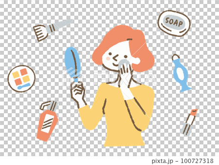 Woman holding a mirror and applying makeup_color Woman holding a mirror and applying makeup_color 100727318