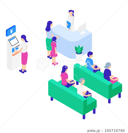 待合室と人々のアイソメトリックイラスト(クリニック・病院) 100728780