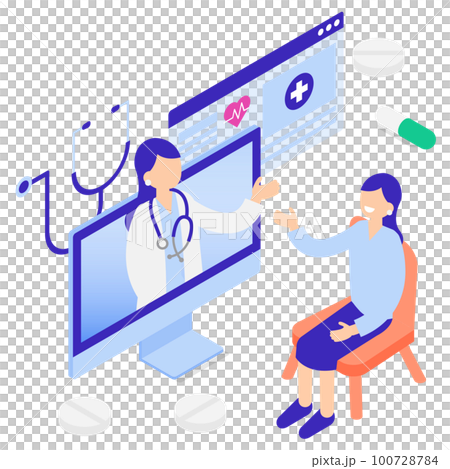 Isometric illustration of online medical consultation with doctor at home Isometric illustration of online medical consultation with doctor at home 100728784
