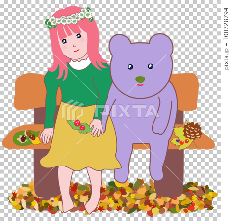 一個女孩和一隻淺紫色的熊手牽手坐在森林的長凳上 100728794