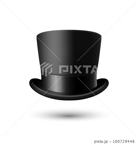 Vector 3d Realistic Black Top Hat with Black Ribbon Closeup Isolated on White Background. Classic Retro Vintage Top Hat, Vintage Gentlemans Mens Hat, Front View Vector 3d Realistic Black Top Hat with Black Ribbon Closeup Isolated on White Background. Classic Retro Vintage Top Hat, Vintage Gentlemans Mens Hat, Front View 100729448