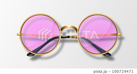Vector 3d Realistic Modern Unisex Frame Glasses. Golden Color Frame. Pink Transparent Sunglasses for Women and Men, Accessory. Optics, Lens, Vintage, Trendy Glasses. Front View 100729471