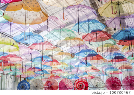 ハーブ園のカラフルな「アンブレラスカイ」 福島県猪苗代町 ハーブ園のカラフルな「アンブレラスカイ」 福島県猪苗代町 100730467