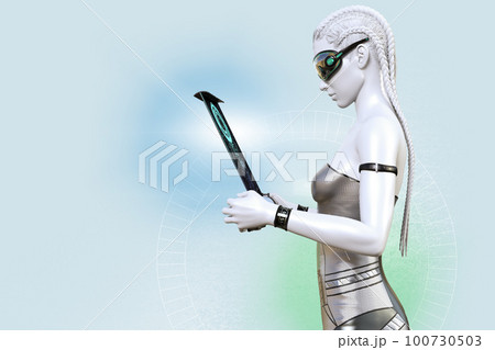 未来型AIアンドロイドが、タブレットのスクリーンを見ている 未来型AIアンドロイドが、タブレットのスクリーンを見ている 100730503