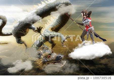仙術を会得した猿王が雲に乗り巨大な龍と戦う 100730516