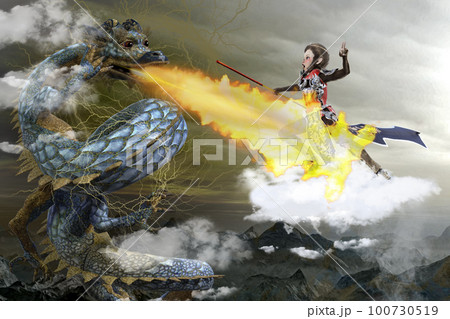 仙術を会得した猿王が雲に乗り巨大な龍と戦う 100730519