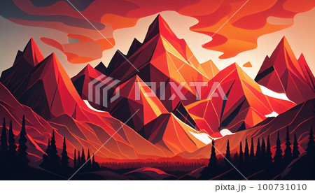 a mountain peaks at sunset with a fiery red and orange sky as the backdrop, casting long shadows across the landscape, Generative AI, Illustration 100731010