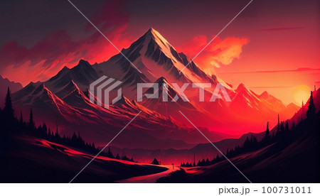 a mountain peaks at sunset with a fiery red and orange sky as the backdrop, casting long shadows across the landscape, Generative AI, Illustration 100731011