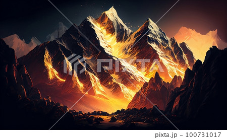 a mountain peaks at sunrise with a golden glow illuminating the mountain peaks and surrounding landscape, Generative AI, Illustration 100731017