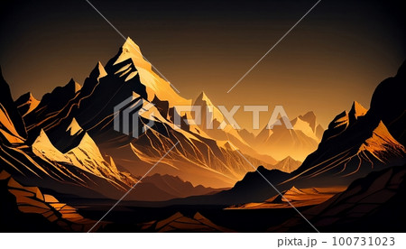 a mountain peaks at sunrise with a golden glow illuminating the mountain peaks and surrounding landscape, Generative AI, Illustration 100731023