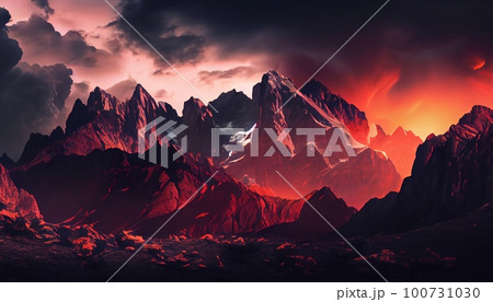 a mountain range at sunset with clouds surrounding the peaks, creating a dramatic and moody effect, Generative AI, Illustration 100731030