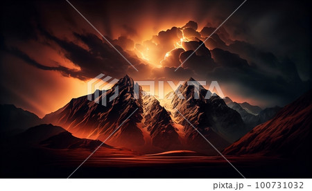 a mountain range at sunset with clouds surrounding the peaks, creating a dramatic and moody effect, Generative AI, Illustration 100731032