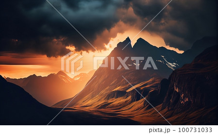 a mountain range at sunset with clouds surrounding the peaks, creating a dramatic and moody effect, Generative AI, Illustration a mountain range at sunset with clouds surrounding the peaks, creating a dramatic and moody effect, Generative AI, Illustration 100731033