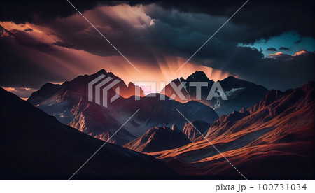 a mountain range at sunset with clouds surrounding the peaks, creating a dramatic and moody effect, Generative AI, Illustration a mountain range at sunset with clouds surrounding the peaks, creating a dramatic and moody effect, Generative AI, Illustration 100731034