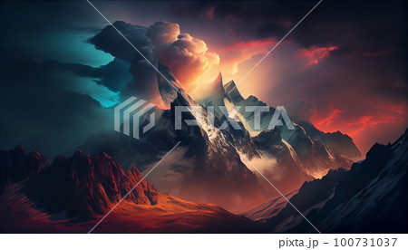 a mountain range at sunset with clouds surrounding the peaks, creating a dramatic and moody effect, Generative AI, Illustration a mountain range at sunset with clouds surrounding the peaks, creating a dramatic and moody effect, Generative AI, Illustration 100731037