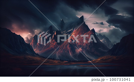 a mountain range at sunset with clouds surrounding the peaks, creating a dramatic and moody effect, Generative AI, Illustration 100731041