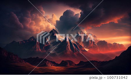 a mountain range at sunset with clouds surrounding the peaks, creating a dramatic and moody effect, Generative AI, Illustration 100731042