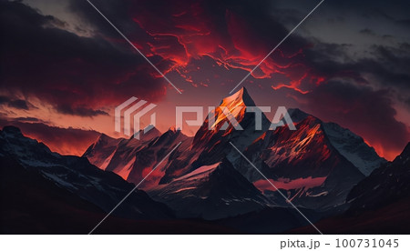 a mountain range at sunset with clouds surrounding the peaks, creating a dramatic and moody effect, Generative AI, Illustration 100731045