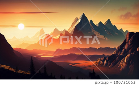 a mountain range at sunrise with the sun peeking over the horizon, casting a warm and inviting light over the landscape, Generative AI, Illustration a mountain range at sunrise with the sun peeking over the horizon, casting a warm and inviting light over the landscape, Generative AI, Illustration 100731053