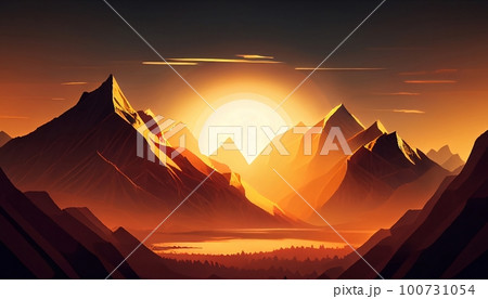 a mountain range at sunrise with the sun peeking over the horizon, casting a warm and inviting light over the landscape, Generative AI, Illustration a mountain range at sunrise with the sun peeking over the horizon, casting a warm and inviting light over the landscape, Generative AI, Illustration 100731054