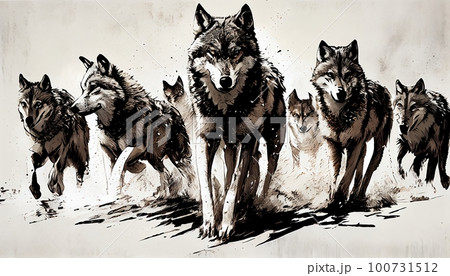 Majestic Wolf Pack in the Style of a Legendary Artist, Perfect for Captivating Design Projects and Creative Inspirations, Generative AI, Illustration 100731512