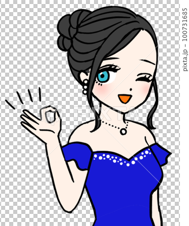 Hostesses in blue dress showing OK sign Hostesses in blue dress showing OK sign 100731685