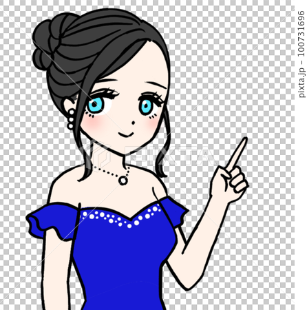 Hostesses in blue dress pointing 100731696