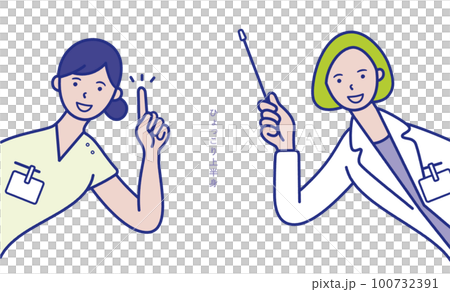 指し棒を持った女性医師と指差しポーズの女性看護師が横からひょっこり出ているイメージのイラスト素材【セ 100732391